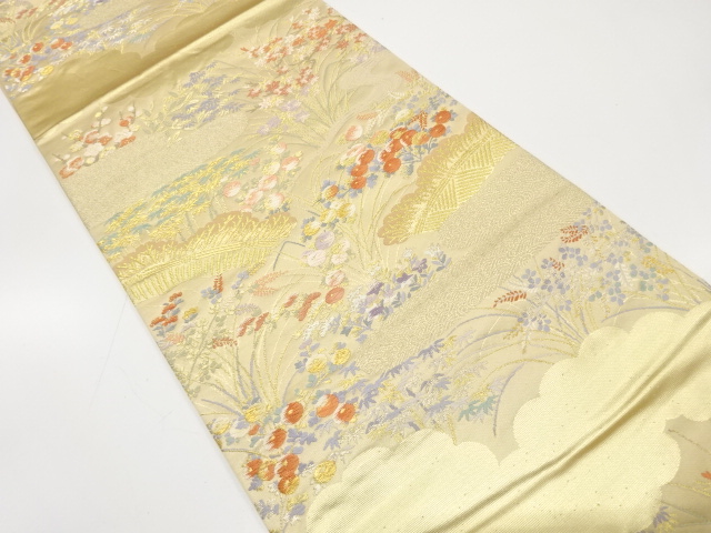 雲に万寿菊・楓・枝梅模様織り出し　袋帯